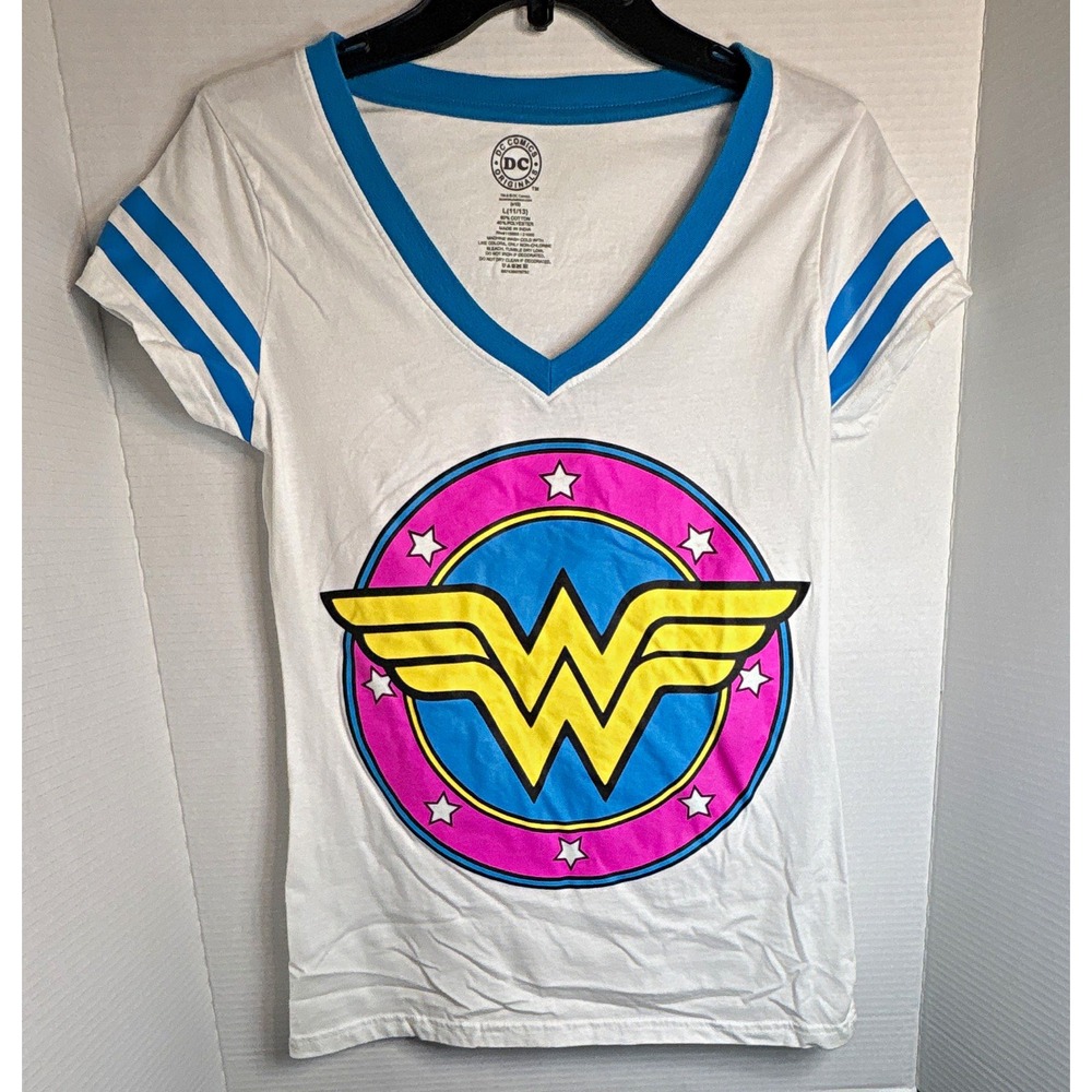 DC Comics Originals Wonder Woman Logo Graphic V-Neck Tee White/Blue Women's L